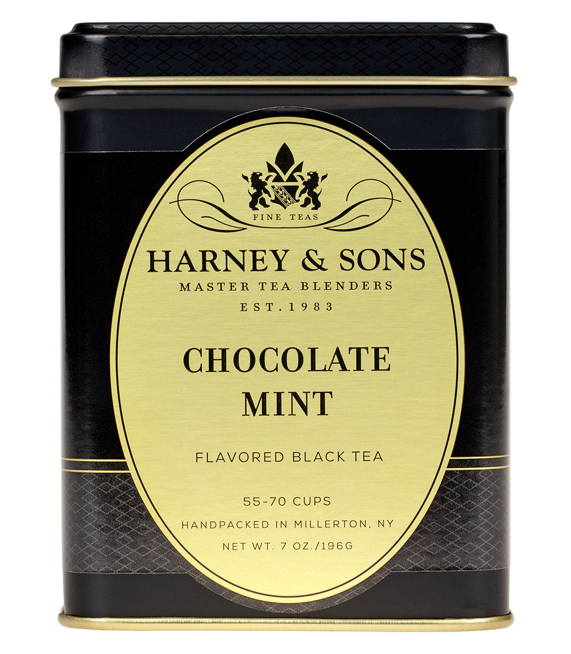 Harney & Sons Chocolate Mint flavored black tea tin, 7 oz, featuring elegant black and gold packaging.
