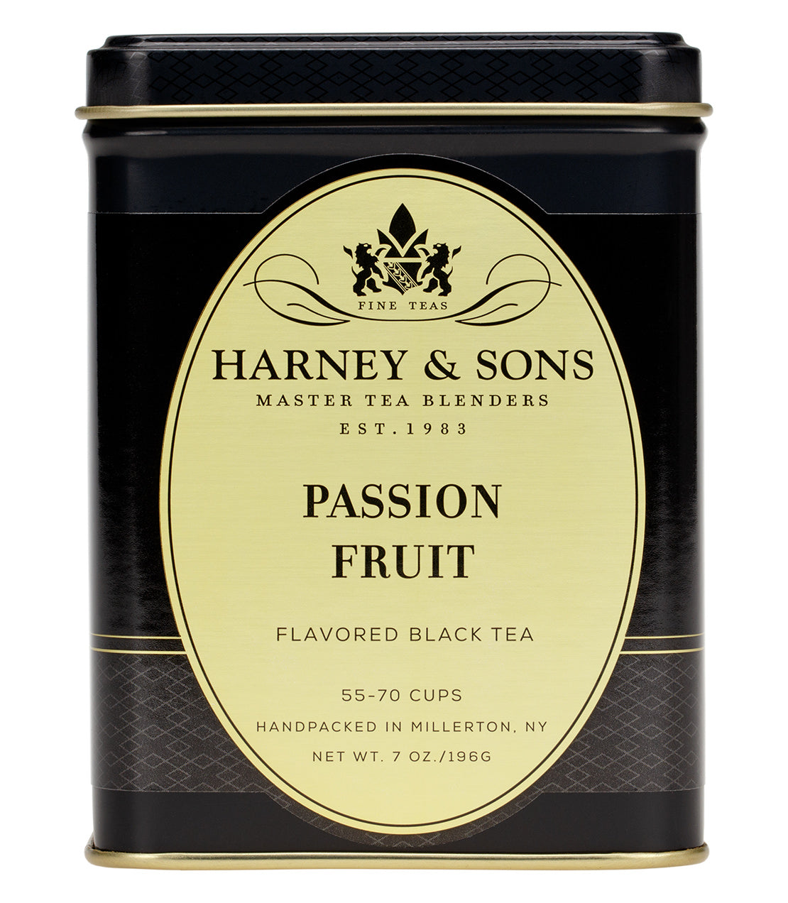 Harney & Sons Passion Fruit flavored black tea tin, 7 oz, designed for 55-70 cups, elegant black and gold packaging.