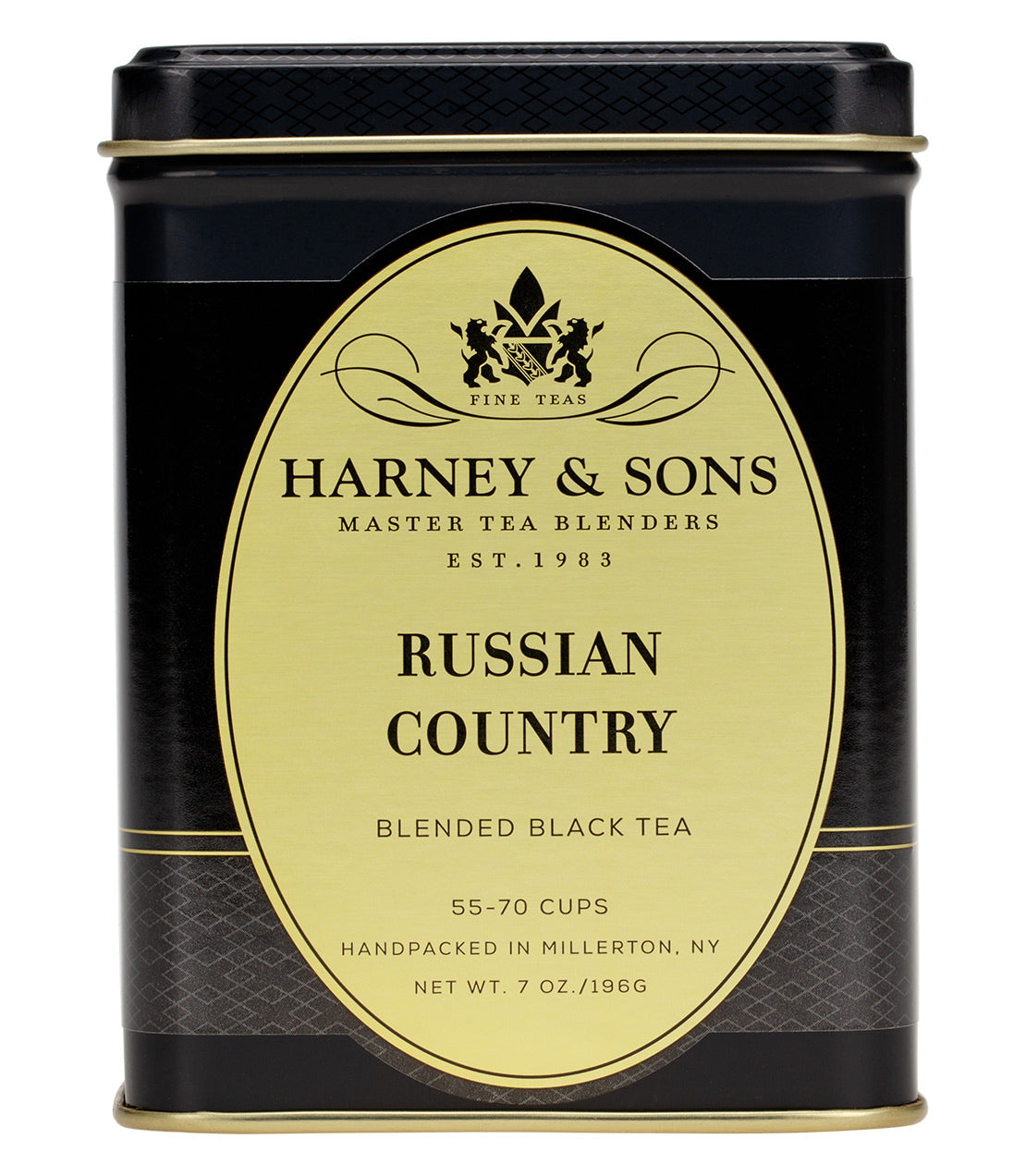 Black tea tin labeled "Russian Country" by Harney & Sons, featuring a gold and black design, holds 55-70 cups.