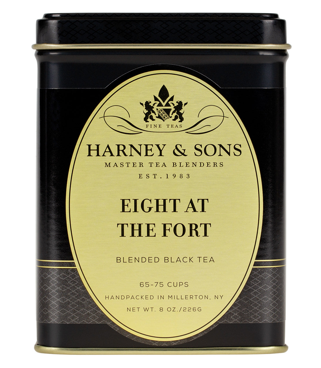 Black tea tin labeled "Eight at the Fort" by Harney & Sons, containing 8 oz of blended black tea.