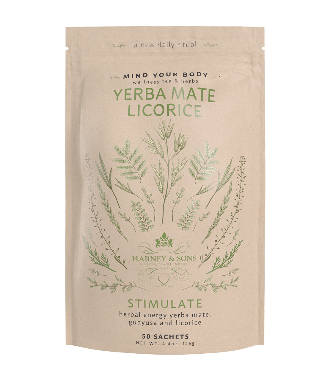 Yerba Mate Licorice tea sachets by Harney & Sons, 50-count bag, featuring herbal energy blend and botanical design.