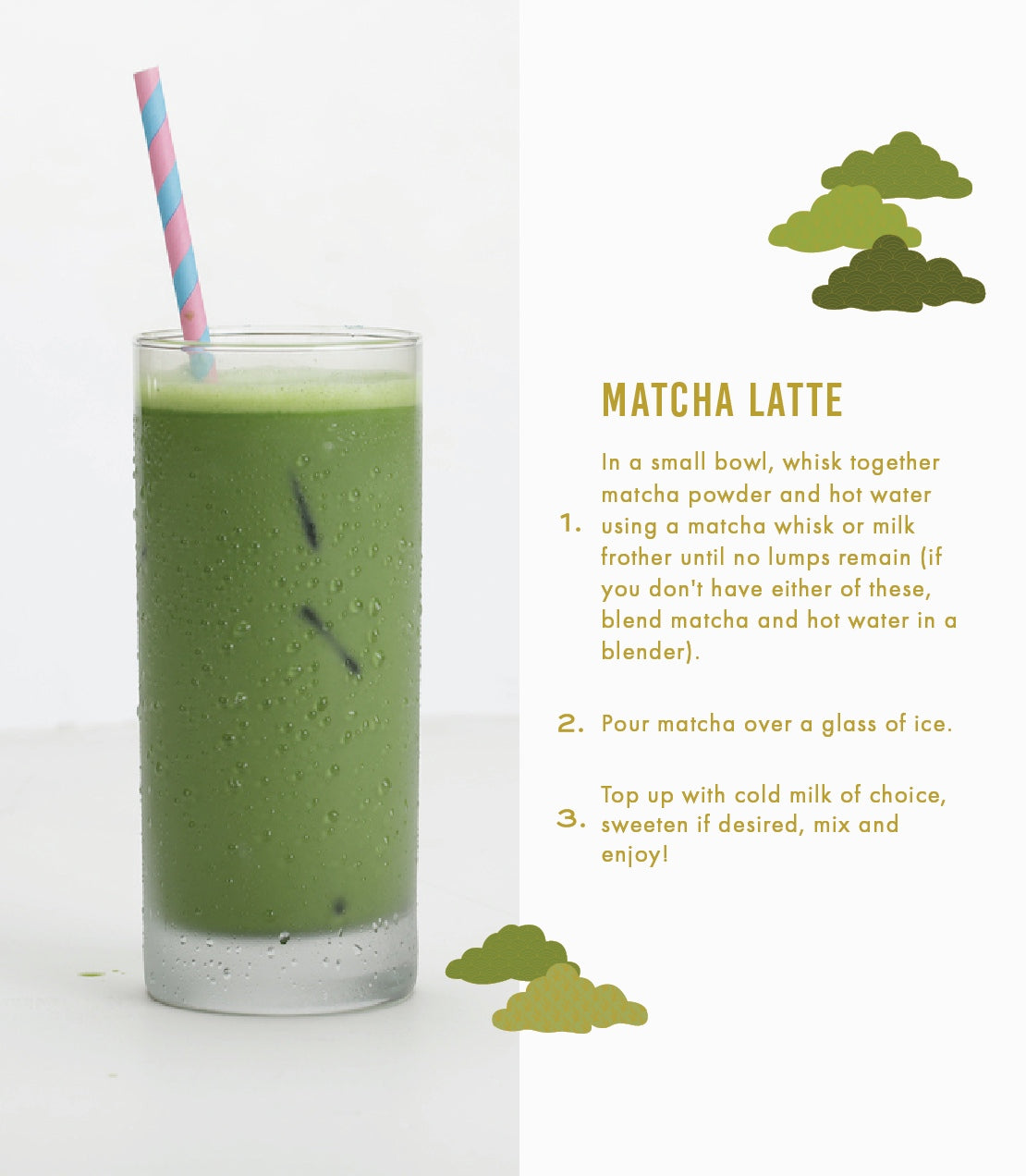 Matcha latte recipe with a glass of green drink and a straw on a white background.
Matcha Latte
1. In a small bowl, whisk together matcha powder and hot water using a matcha whisk or milk frother until no lumps remain (if you don't have either of these, blend matcha and hot water in a blender).
2. Pour matcha over glass of ice.
3. Top up with cold milk of choice, sweeten if desired, mix and enjoy!