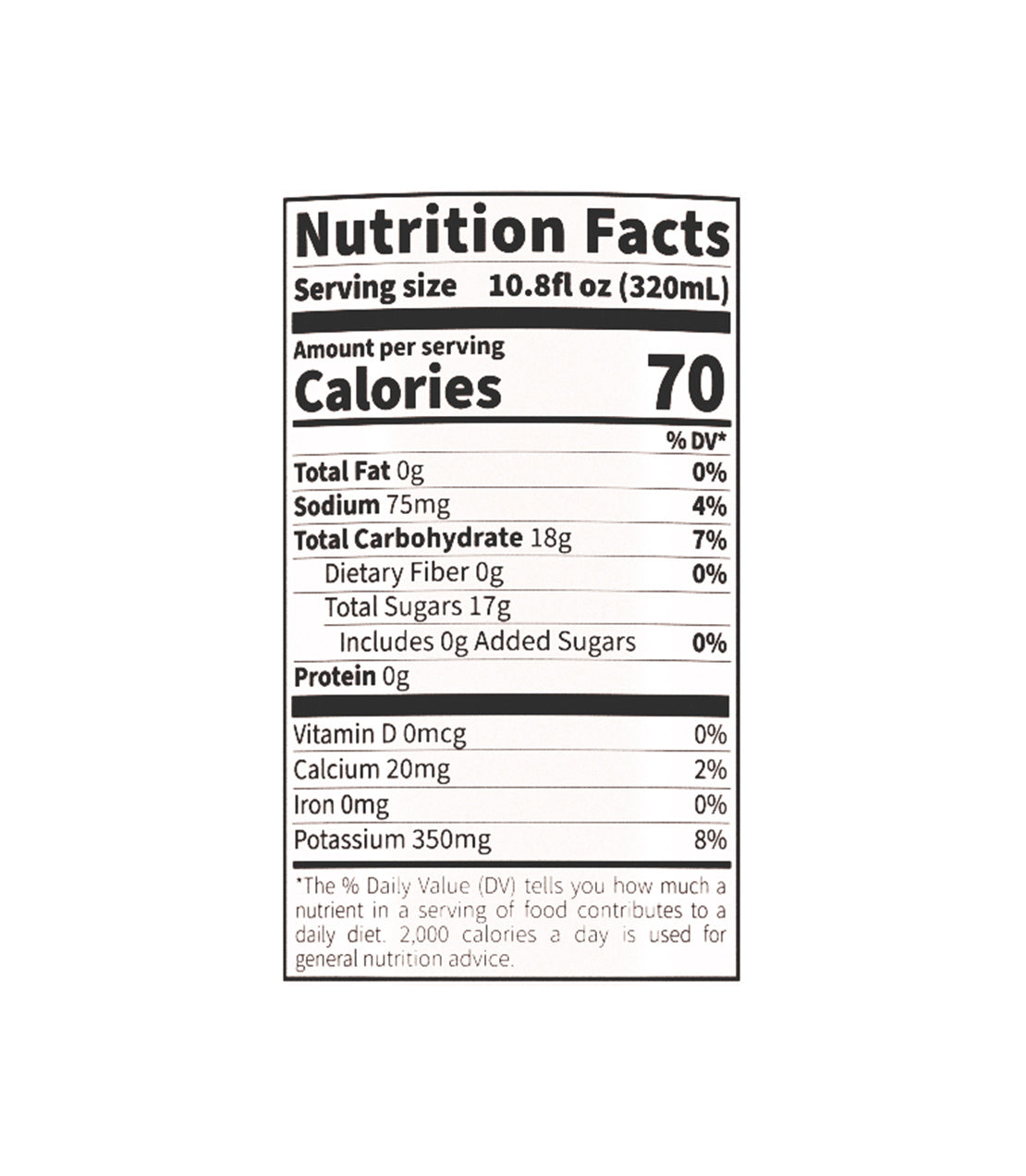 Nutrition facts label for Harney & Sons Premium Coconut Water, detailing calories, fats, sugars, and vitamins.