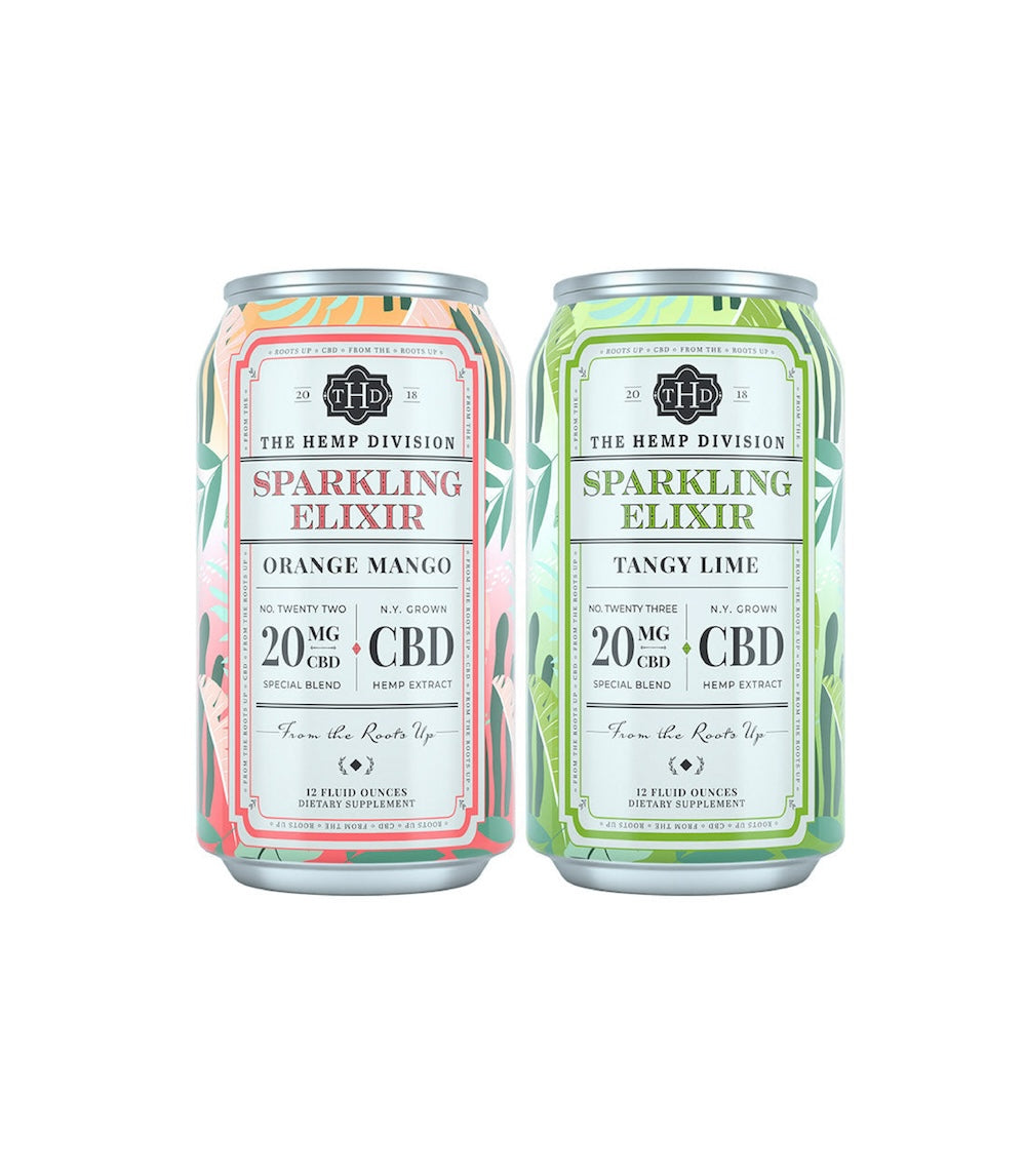 Two cans of Sparkling Elixir featuring Orange Mango and Tangy Lime flavors, each with 20 MG of hemp extract.