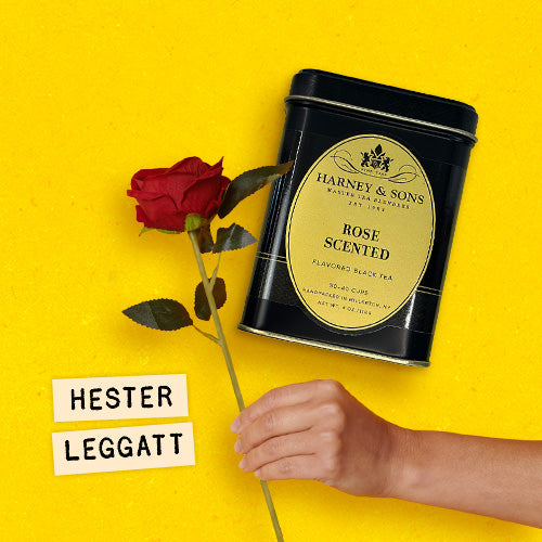 Hester Leggatt with Harney & Sons Rose Scented tea, hand holding a red rose