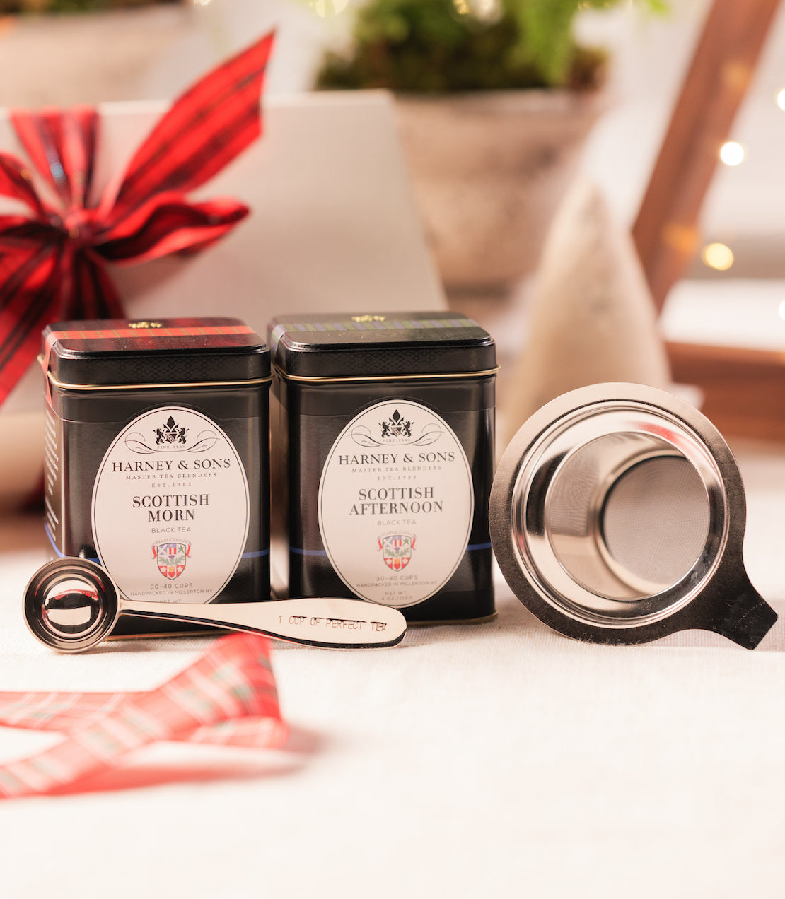 Scottish Gift with tea filter, tea spoon, and two teas.