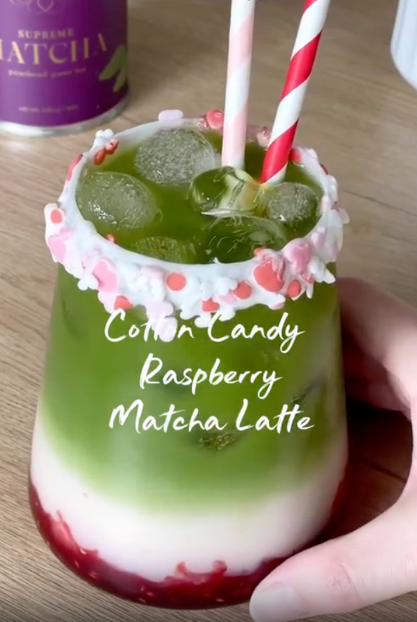 Iced Cotton Candy Raspberry Matcha Latté in a Glass.