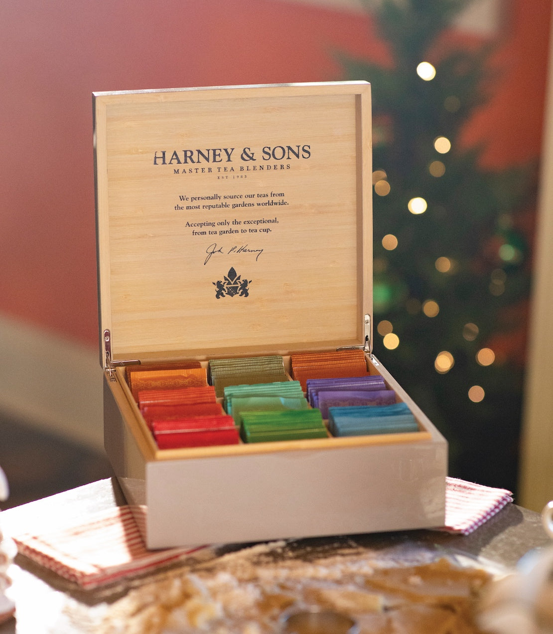 Taupe Wooden Heirloom Tea Chest of teabags featuring nine teas.