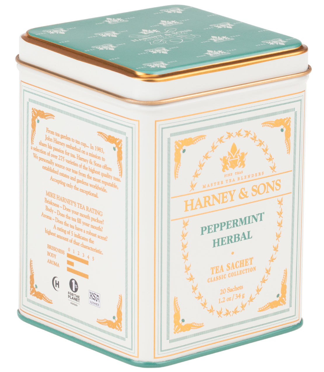 Classic tin of Harney & Sons Peppermint Herbal tea sachets, featuring 20 individually wrapped sachets.