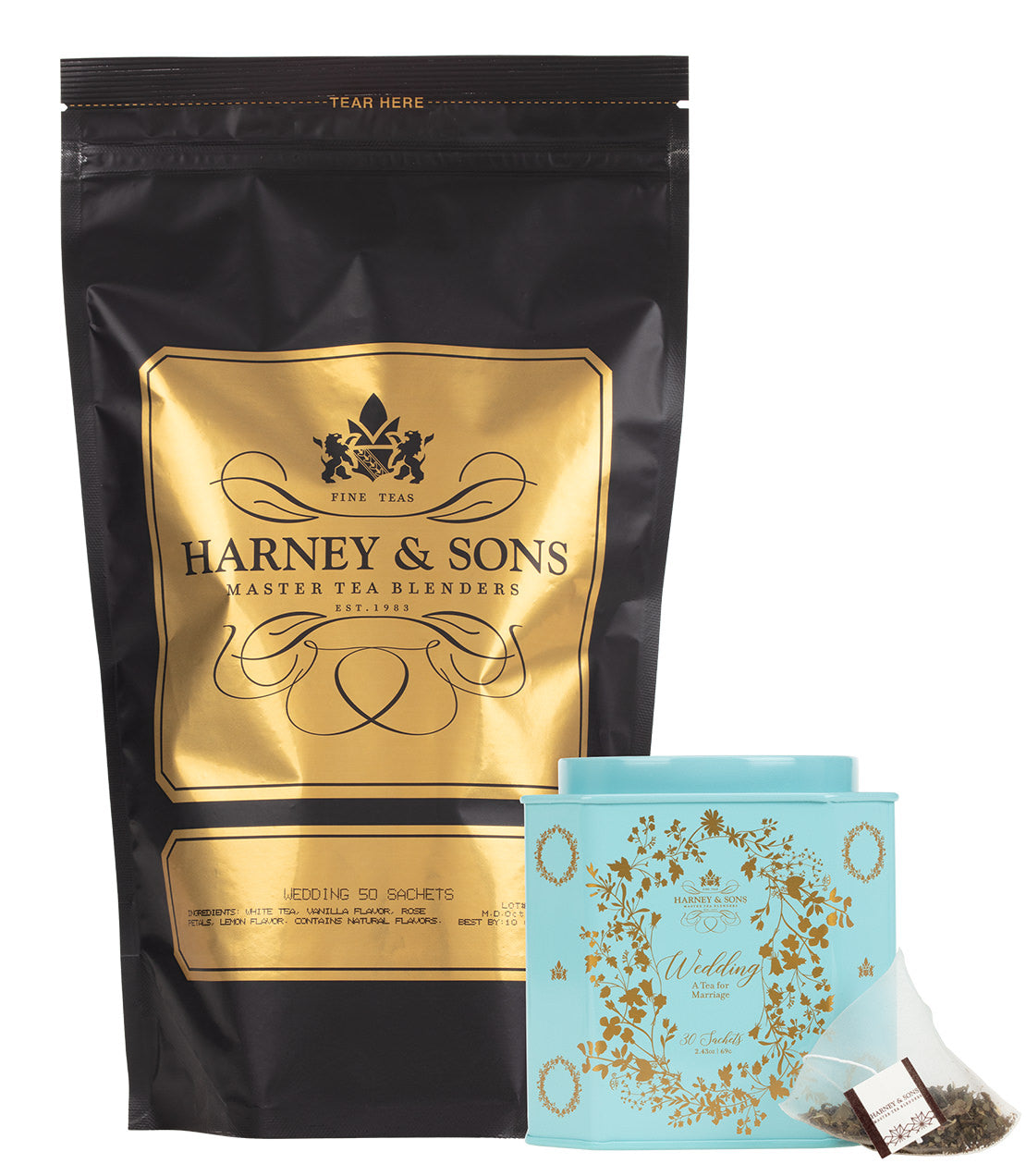 Harney & Sons Wedding Lover Bundle featuring a black tea bag and a turquoise tin of wedding-themed tea.