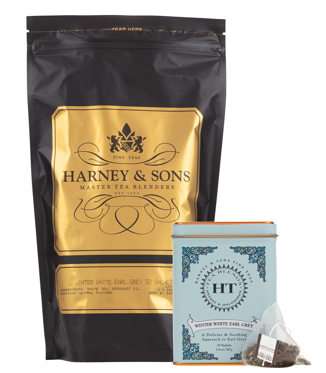 Harney & Sons Winter White Earl Grey Lover Bundle featuring loose leaf tea and pyramid tea bags in elegant packaging.