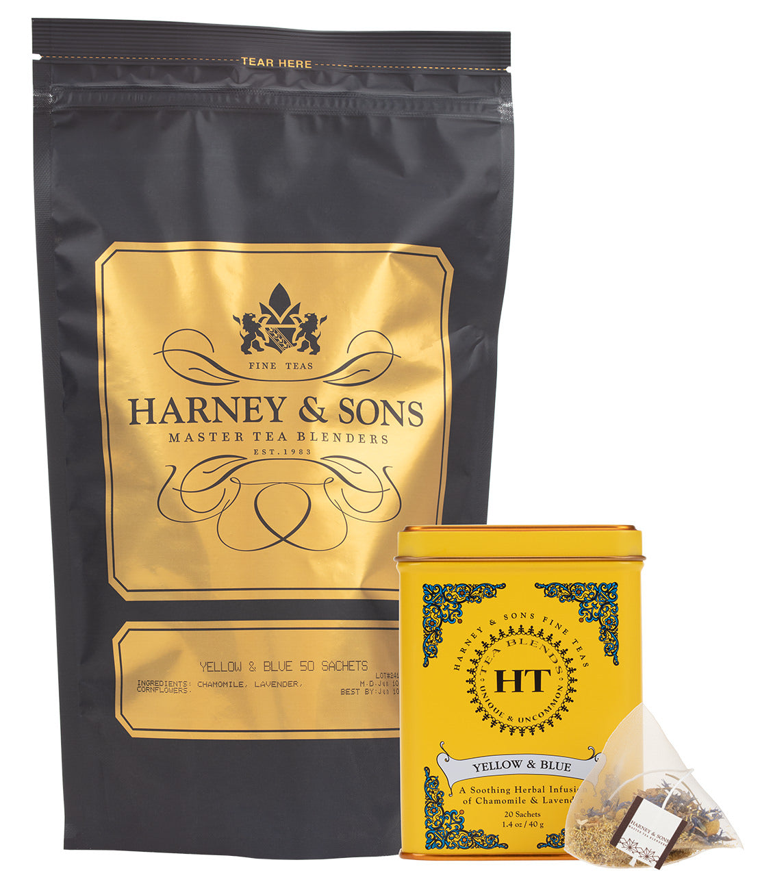 Harney & Sons Yellow & Blue Lover Bundle featuring a large tea bag and a decorative tin with herbal tea sachets.