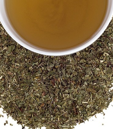 Yerba Mate Mint sachets, 50-count bag, with brewed tea in a cup and loose leaves scattered around.