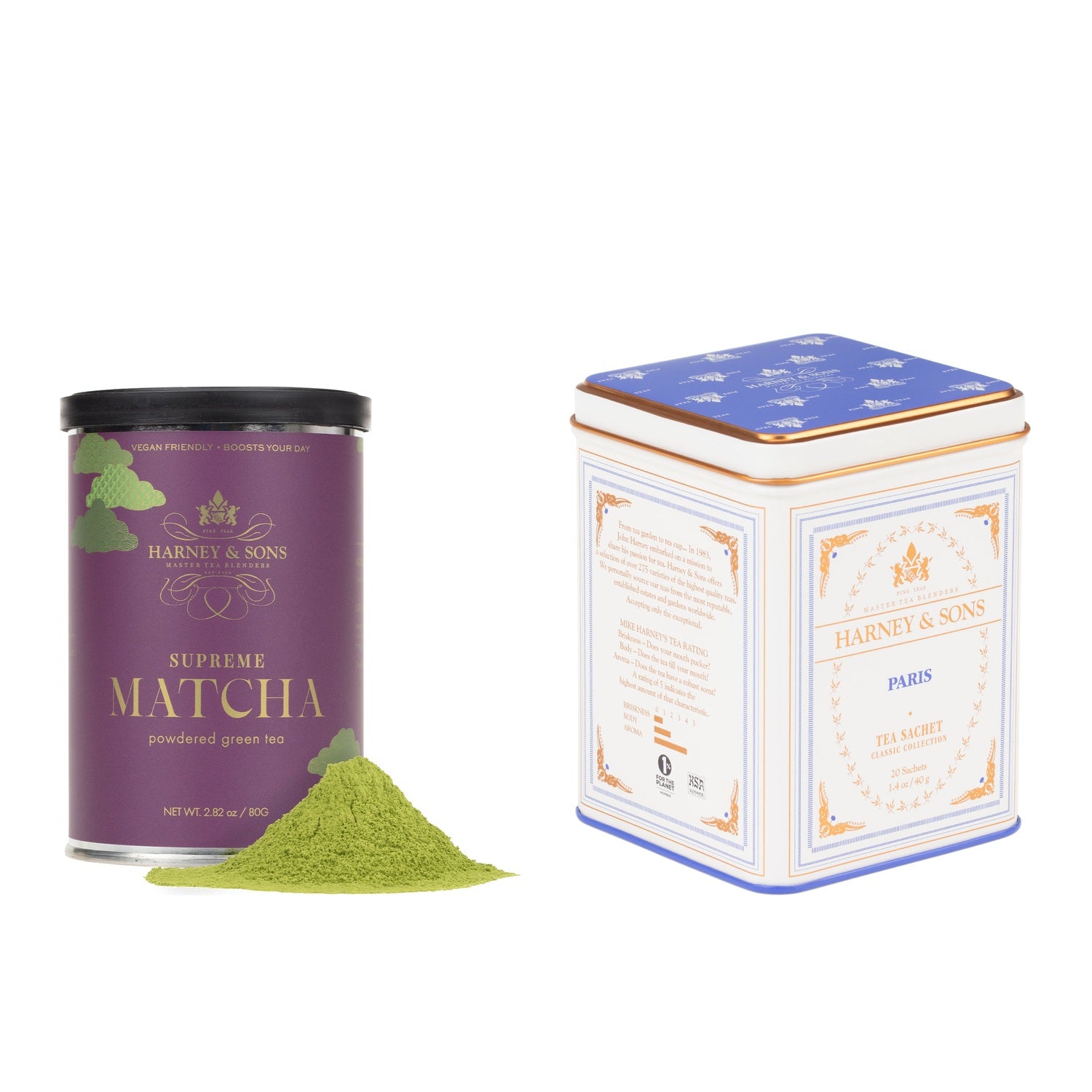 Supreme Matcha tin beside a classic tin of Paris tea sachets