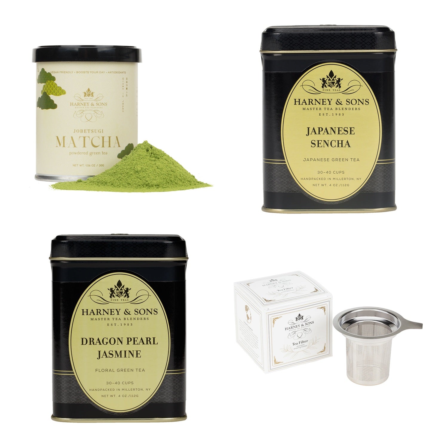 Jobetsugi matcha, Japanese Sencha, and Dragon Pearl Jasmine tins with a tea filter