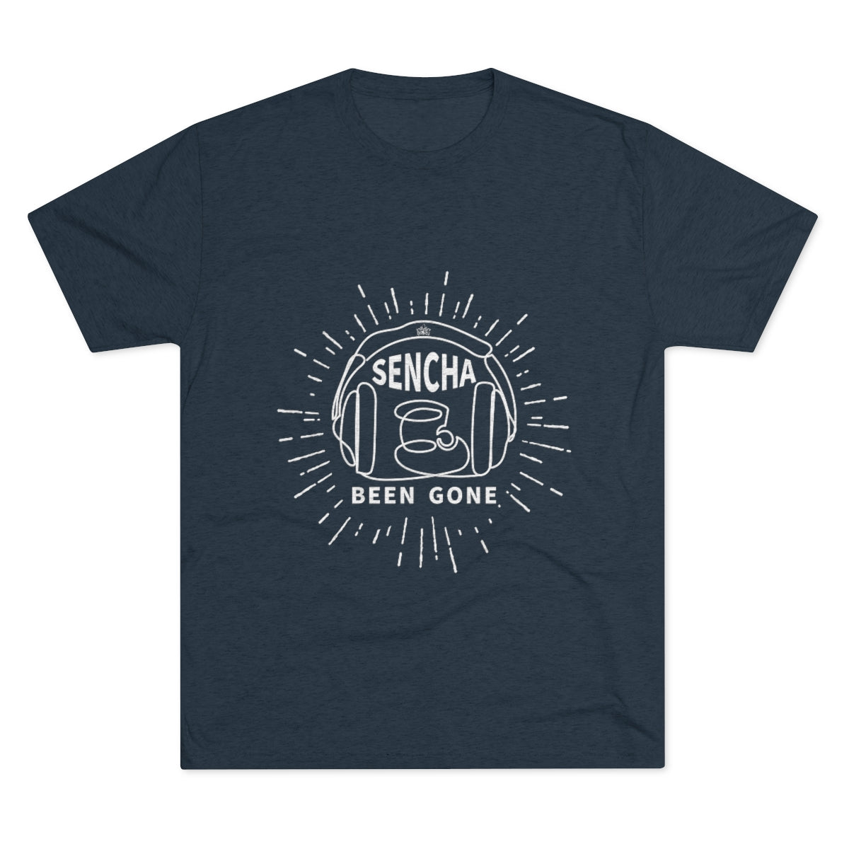 Navy graphic tee featuring "Sencha Been Gone" text and a coffee cup design with sound waves. Perfect for tea lovers.