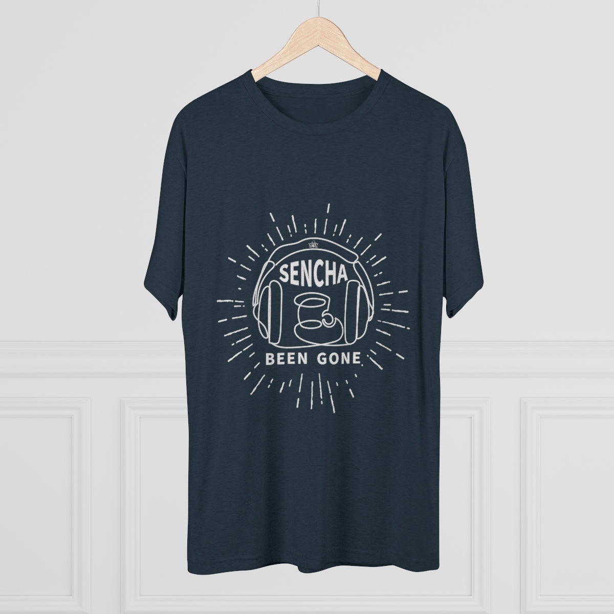 Dark graphic tee featuring "Sencha Been Gone" text and a tea cup design with radiating lines. Perfect for tea lovers.