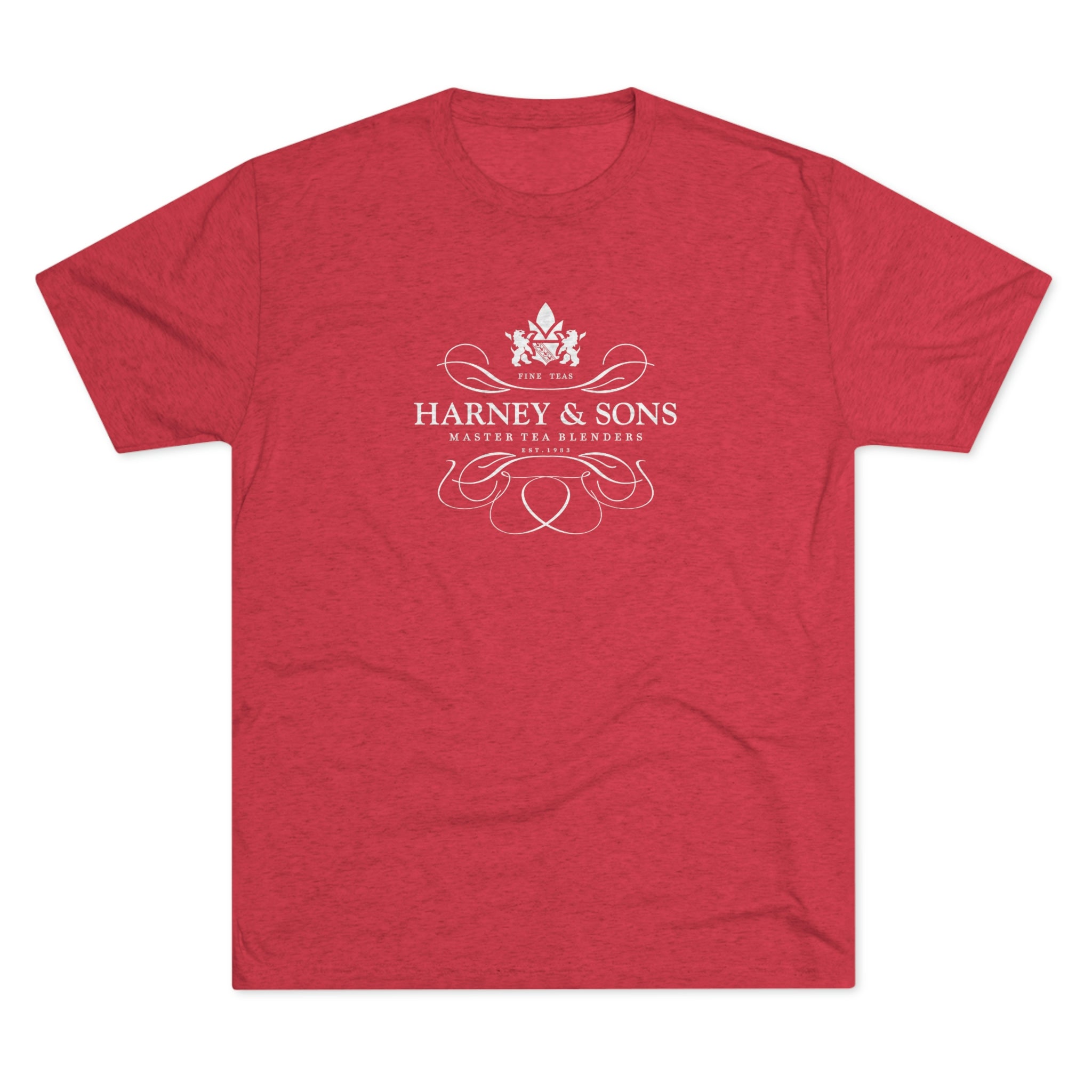 Red graphic tee featuring the Harney & Sons logo with "Master Tea Blenders" text below.