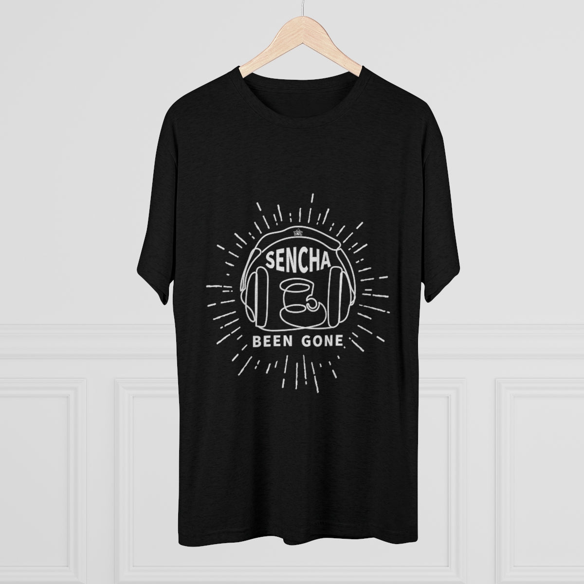 Black graphic tee featuring "Sencha Been Gone" text and a design with headphones and sunburst elements.