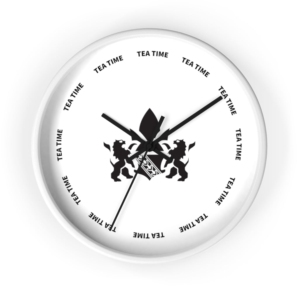 White wall clock featuring a tea time theme, with black lion graphics and bold "TEA TIME" text around the dial.