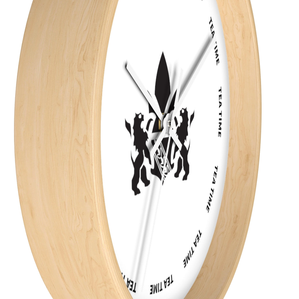 Wooden wall clock featuring a minimalist design with "Tea Time" text and a stylized graphic.