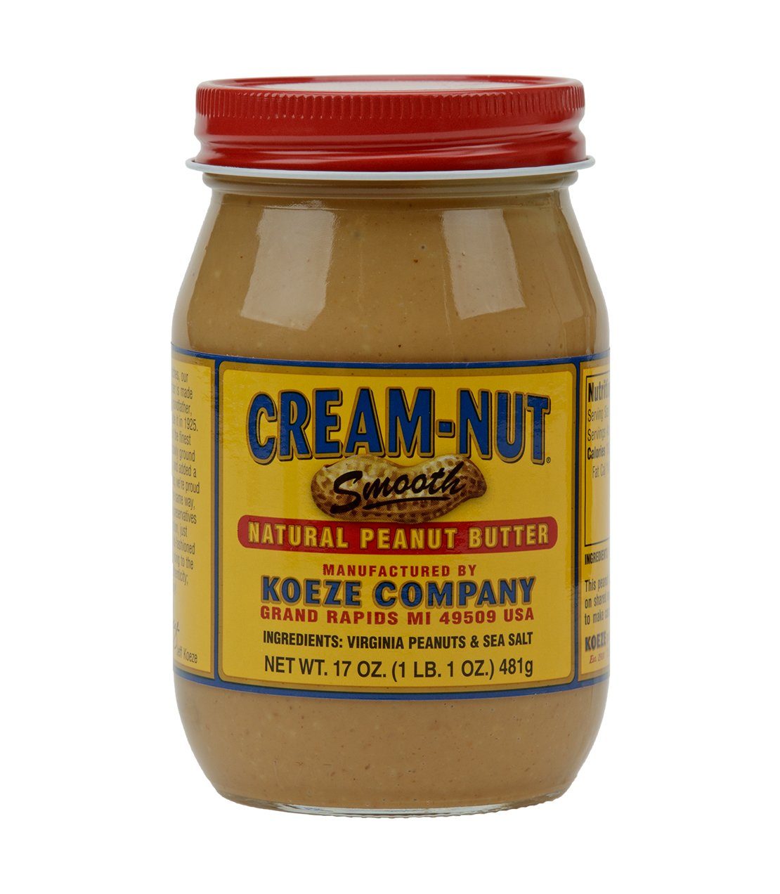 Koeze Cream-Nut Peanut Butter jar, 17 oz, featuring smooth texture and classic label design. Assorted flavors available.