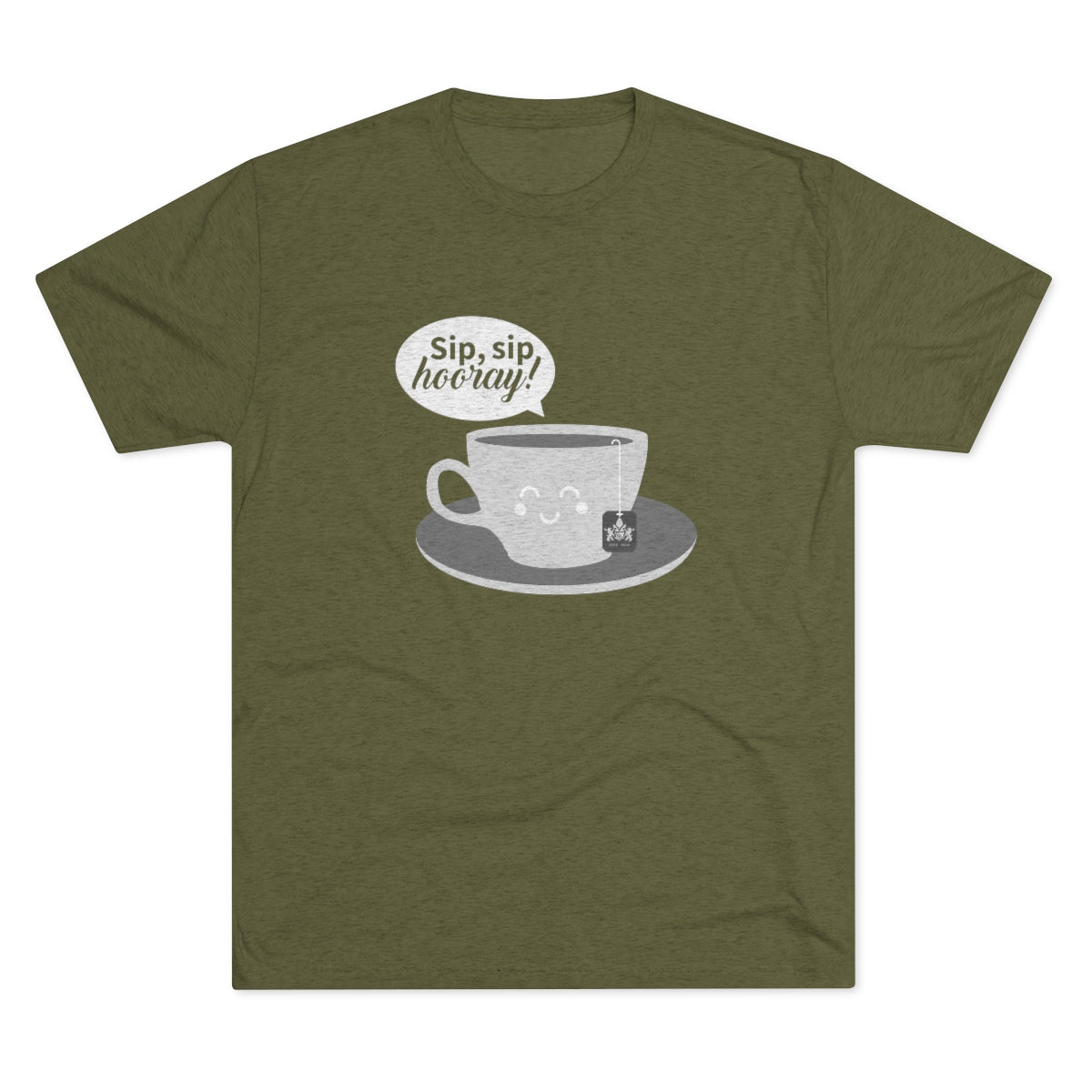 Olive green graphic tee featuring a smiling coffee cup and the text "Sip, sip hooray!" in a speech bubble.