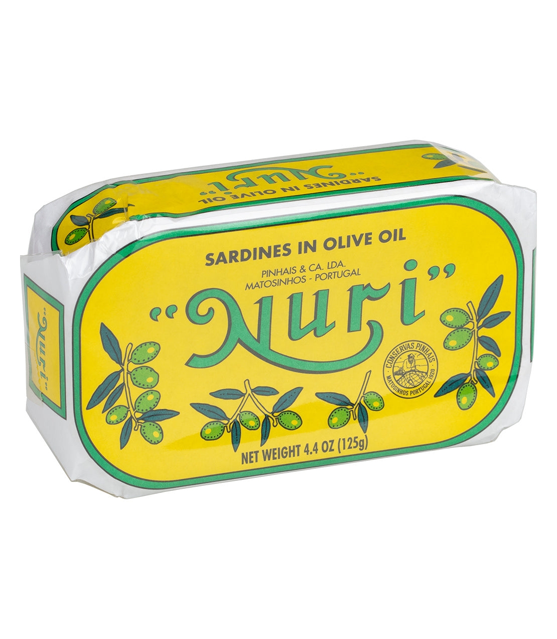 Canned sardines in olive oil from Portugalia Market, featuring a vibrant yellow packaging design.