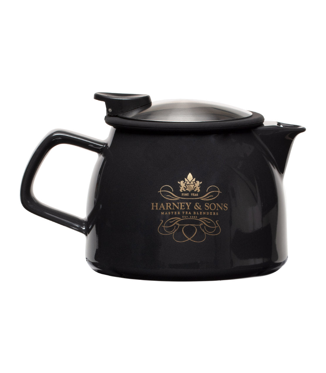 Black ceramic teapot from Harney & Sons, featuring a sleek design and gold logo, perfect for brewing tea.
