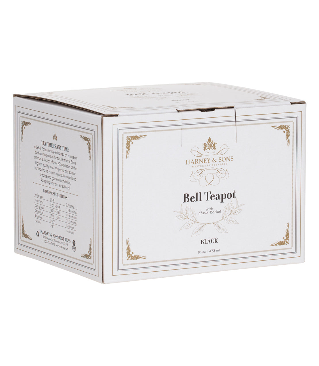 Elegant Harney & Sons Black Bell Teapot packaging, featuring a classic design and infuser basket.