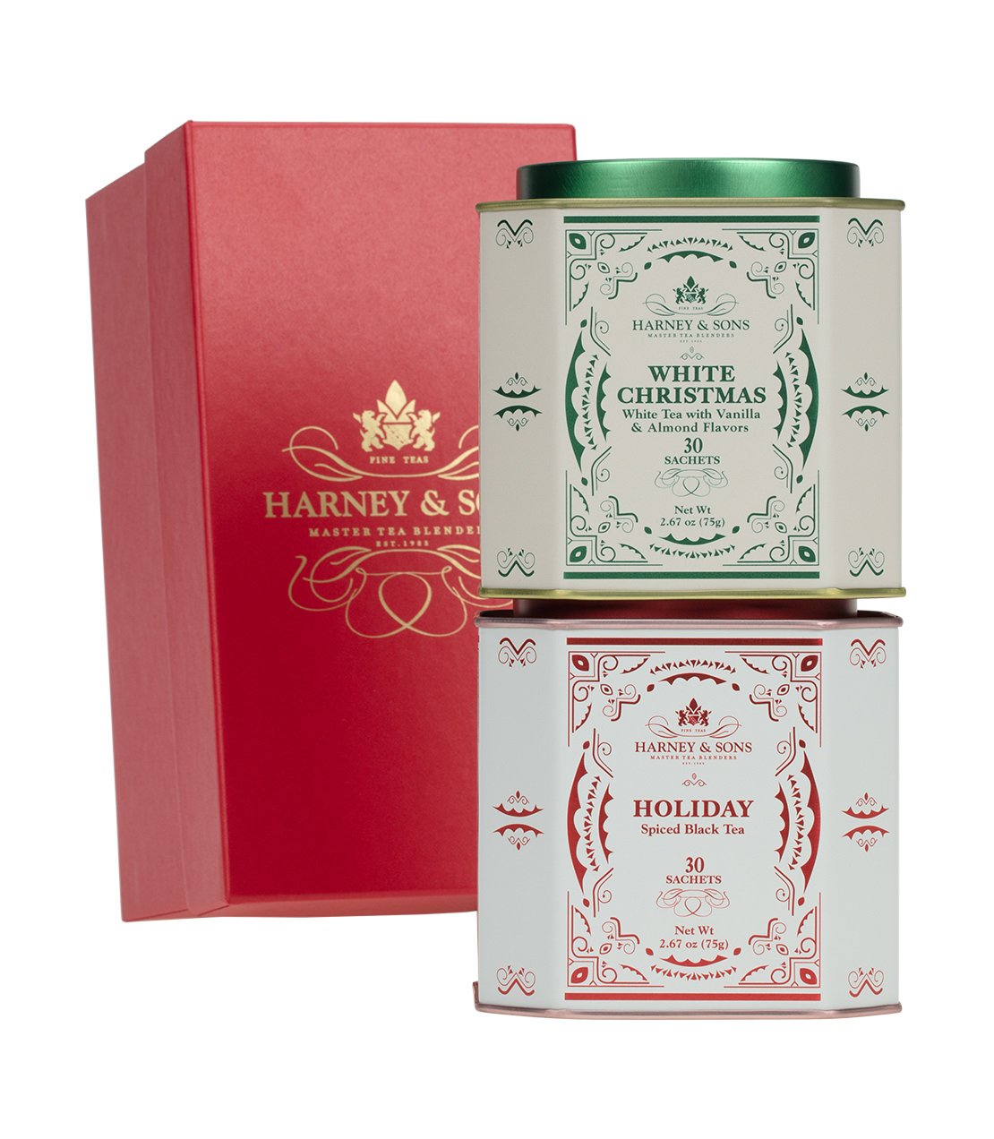 Holiday Duo Gift set featuring White Christmas and Holiday tea blends in decorative packaging.
