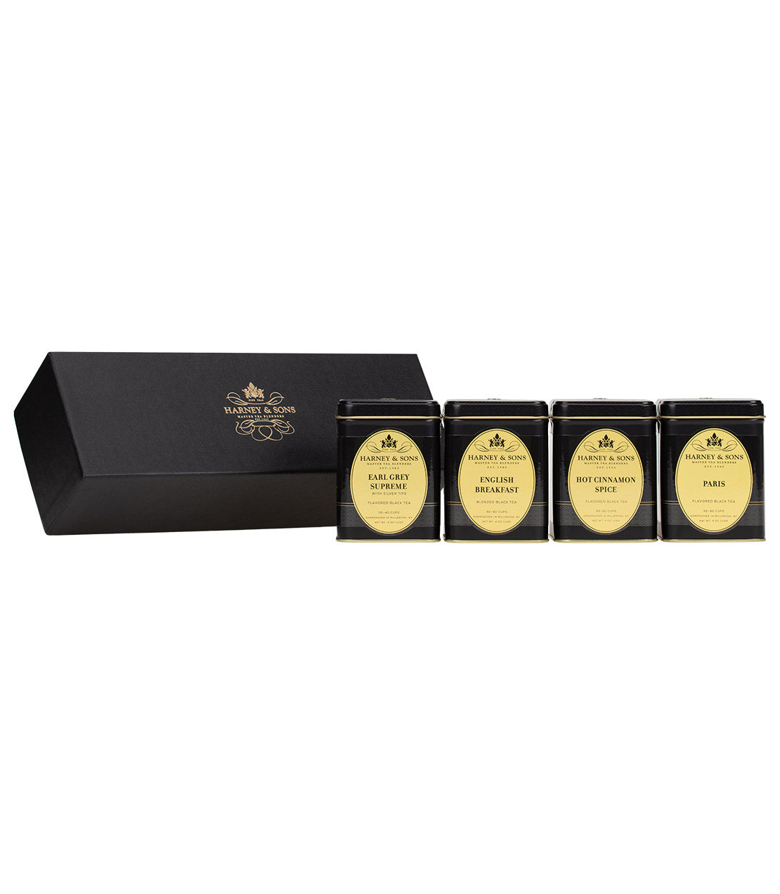 Harney & Sons Best Sellers gift set featuring four 4 oz. loose tea tins in a black box.