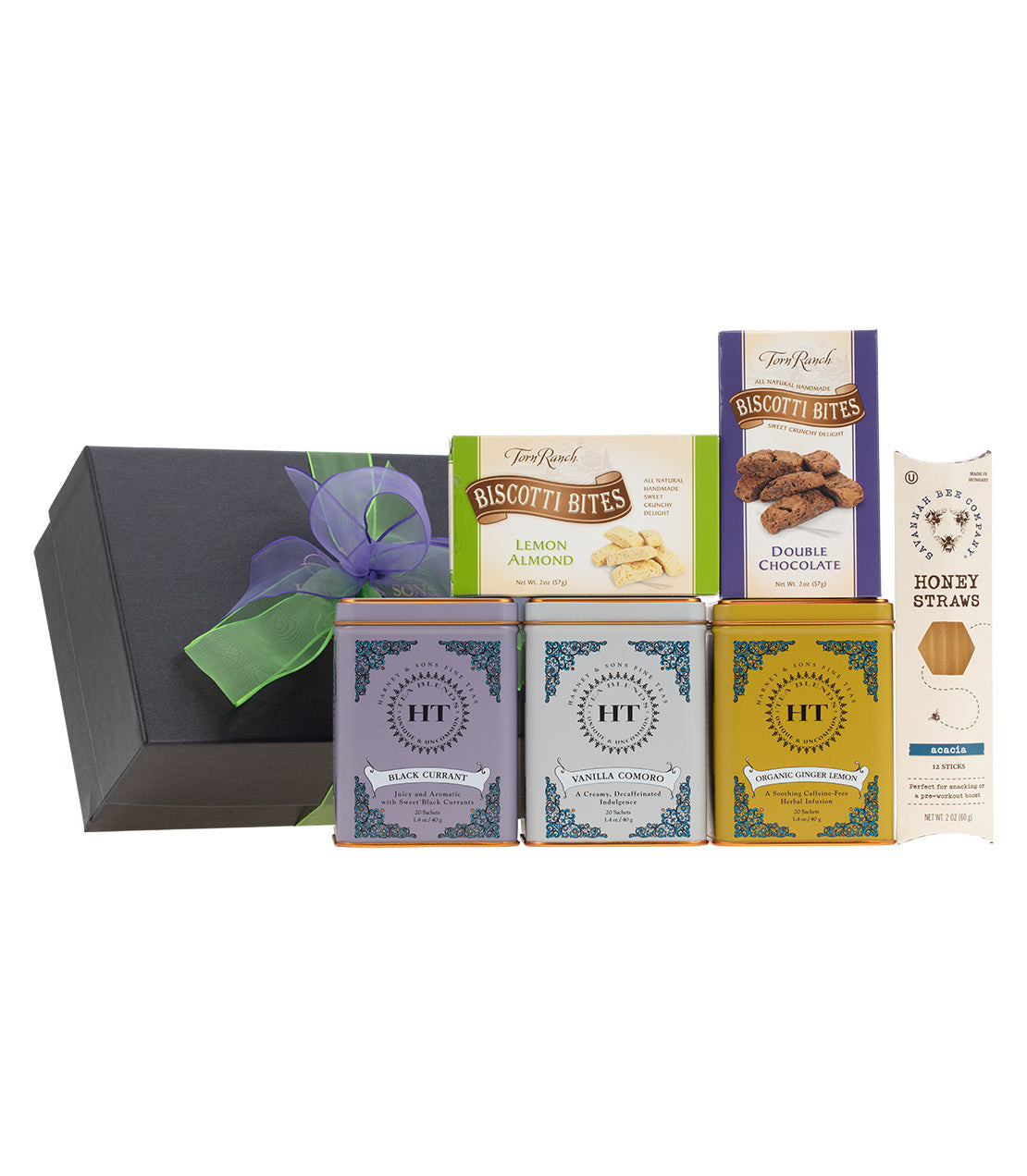 "Tea & Comfort Gift set featuring assorted teas, biscotti bites, honey straws, and elegant packaging.