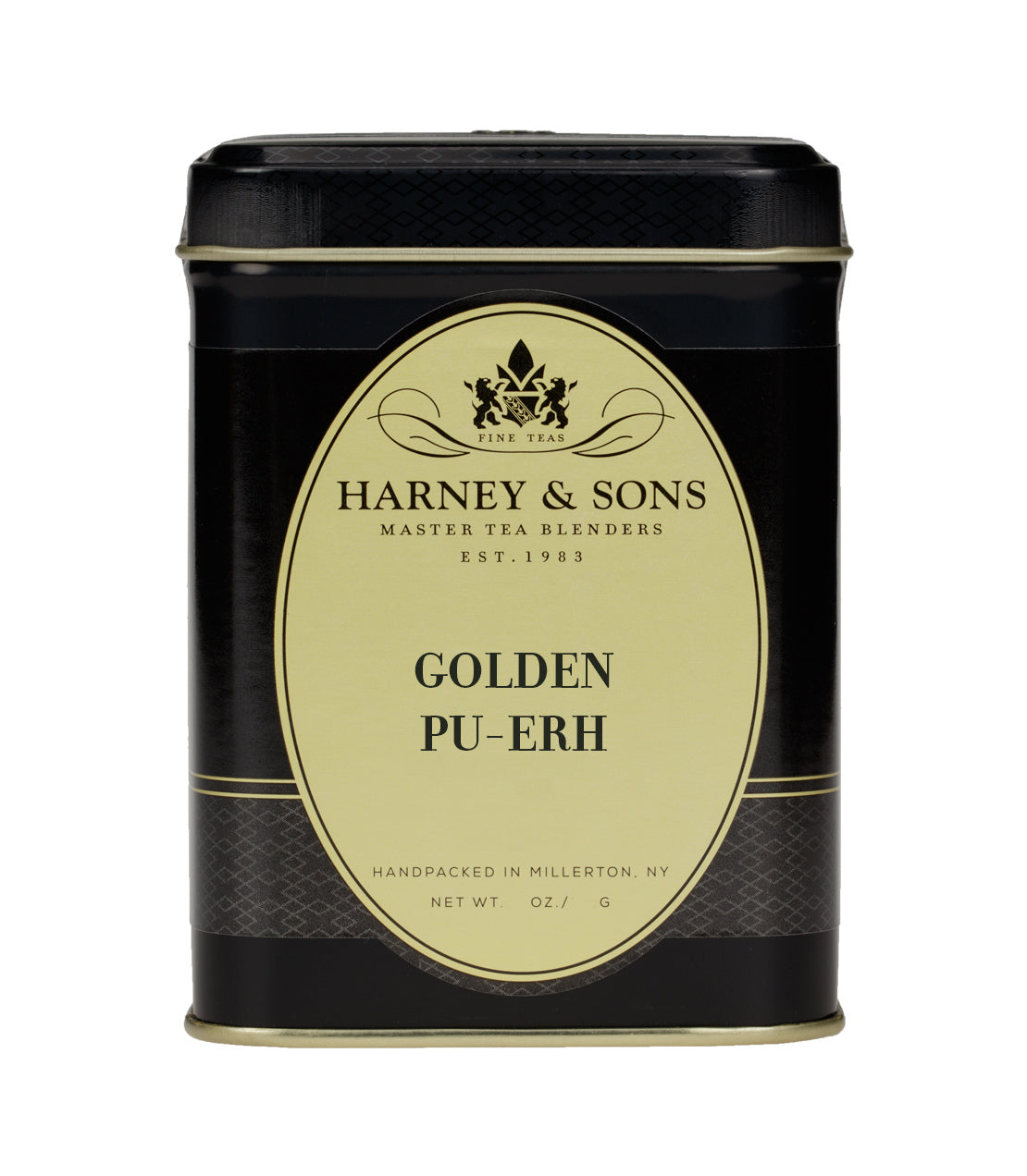 Harney & Sons Golden Pu-Erh tea tin, featuring elegant black and gold design, 4 oz. capacity.