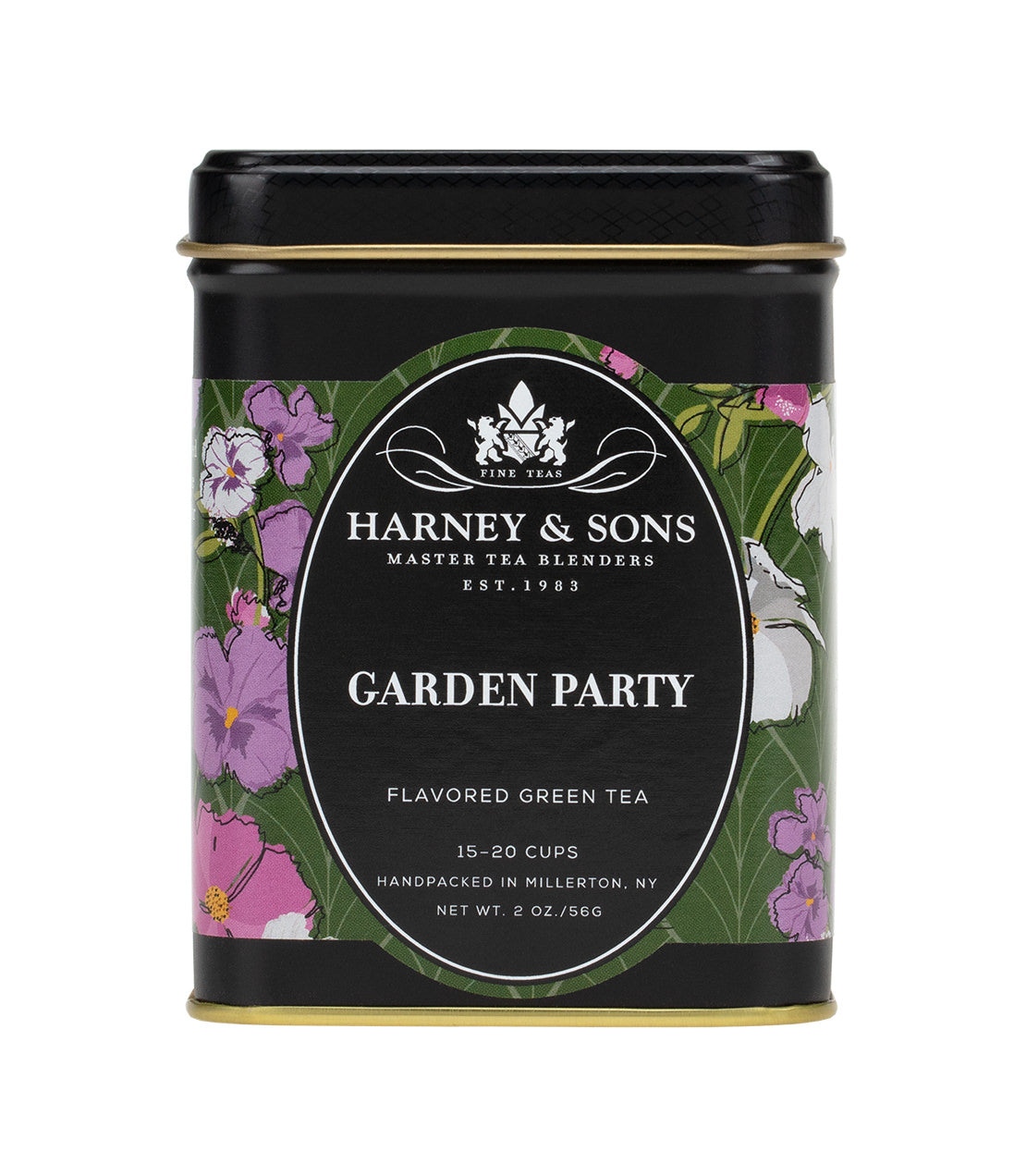 Harney & Sons Garden Party flavored green tea tin, featuring floral design, 2 oz, brews 15-20 cups.