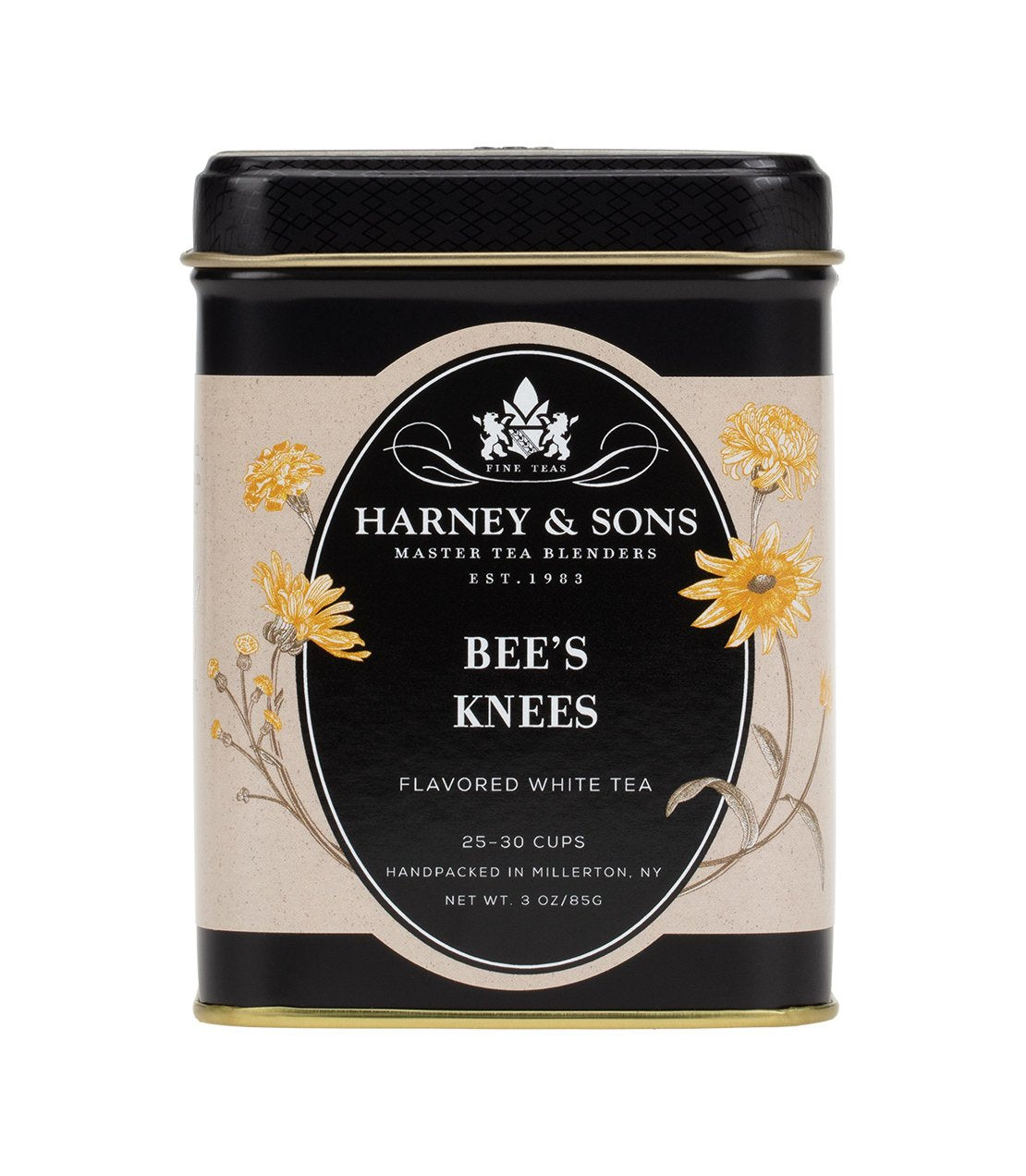 Black tin of Harney & Sons Bee's Knees flavored white tea, featuring floral design and 3 oz. label.