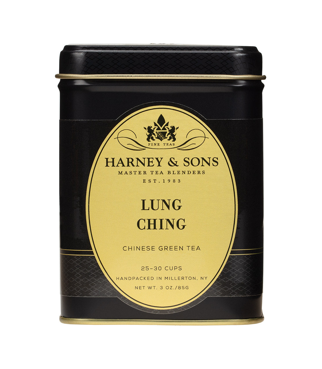 Black tin container of Harney & Sons Lung Ching Chinese green tea, 3 oz, with elegant yellow label.