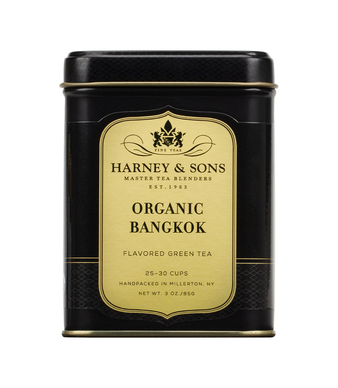 Harney & Sons Organic Bangkok tea tin, featuring green tea with coconut, ginger, and vanilla flavors.