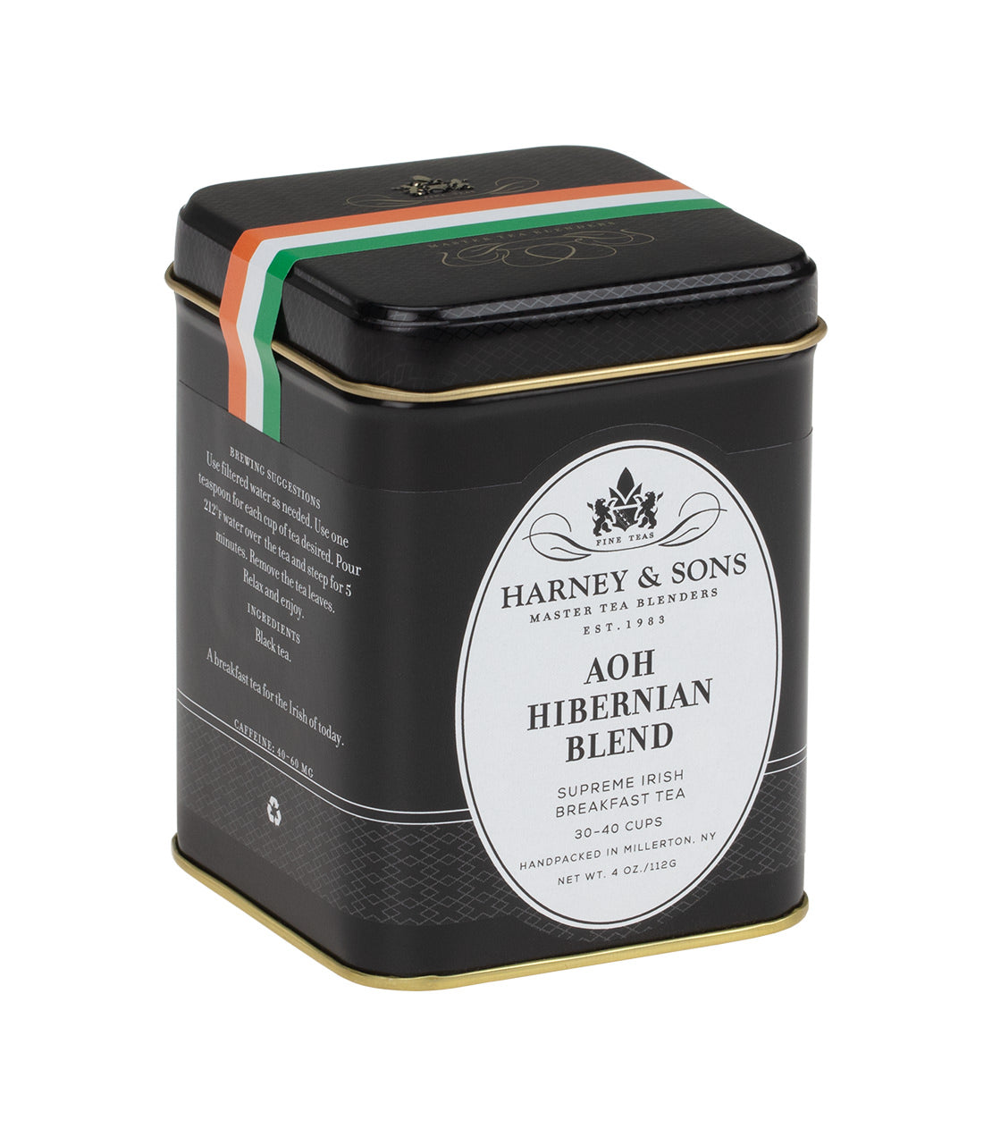 AOH Hibernian Blend tea tin by Harney & Sons, featuring a black design with green, white, and orange accents.