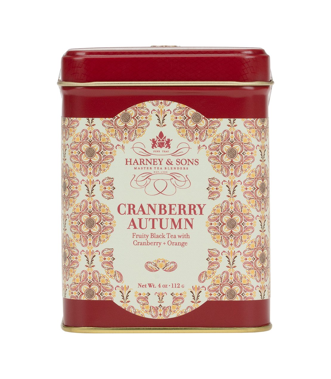 Red tin of Harney & Sons Cranberry Autumn tea, featuring floral design and label detailing cranberry and orange flavors.
