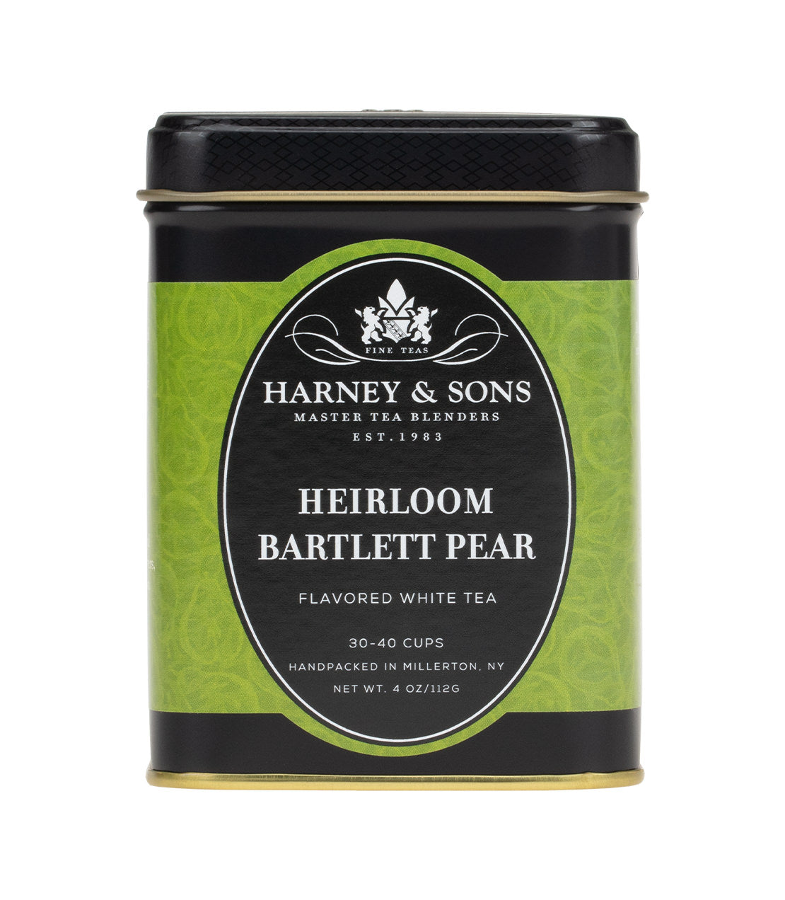 Harney & Sons Heirloom Bartlett Pear flavored white tea tin, 4 oz, with green and black design.