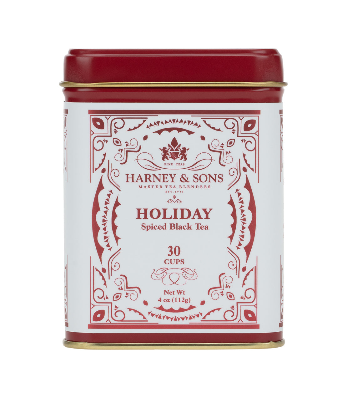 Harney & Sons Holiday Spiced Black Tea tin, 4 oz, designed for 30 cups, featuring festive red and white packaging.