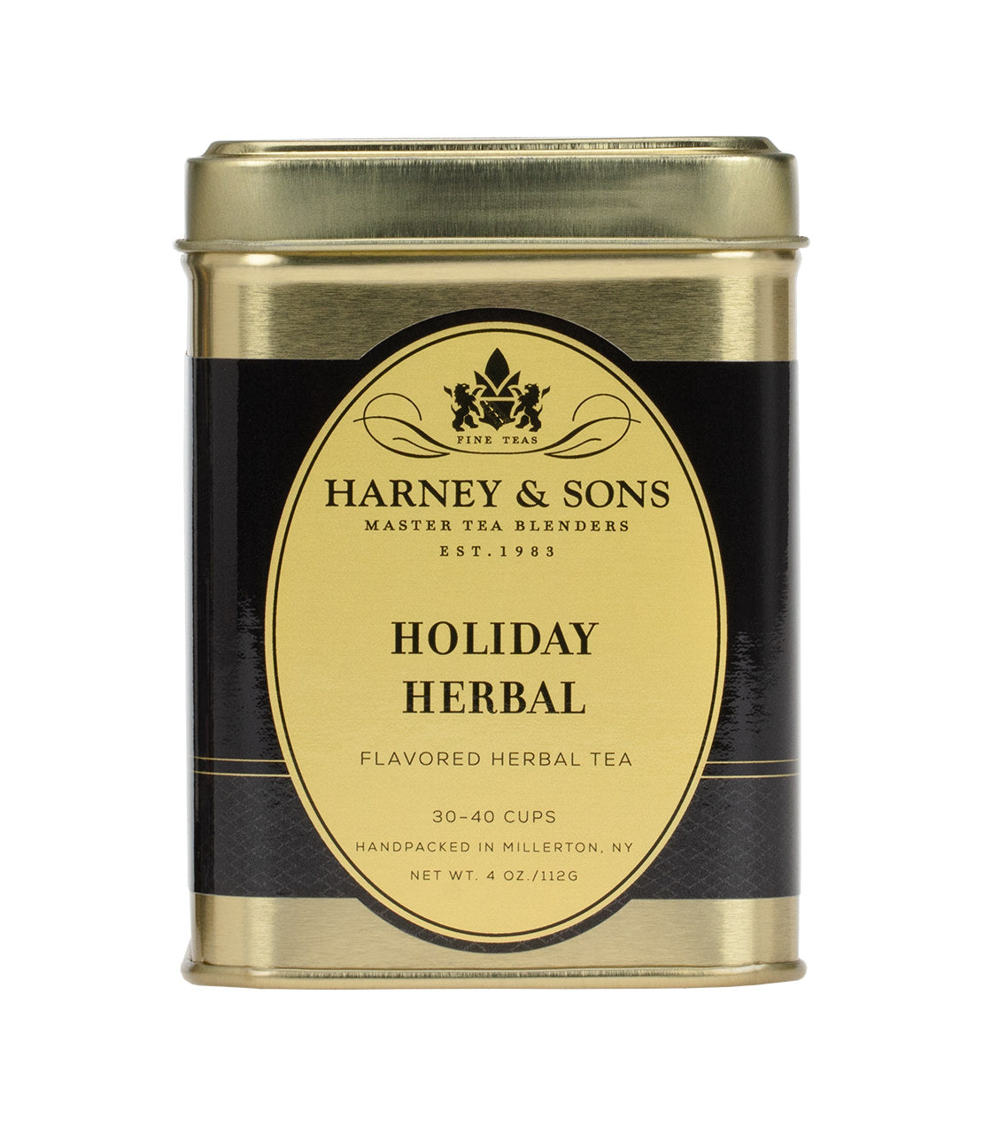 Gold and black tin of Harney & Sons Holiday Herbal tea, labeled for 30-40 cups, 4 oz, handpacked in Millerton, NY.