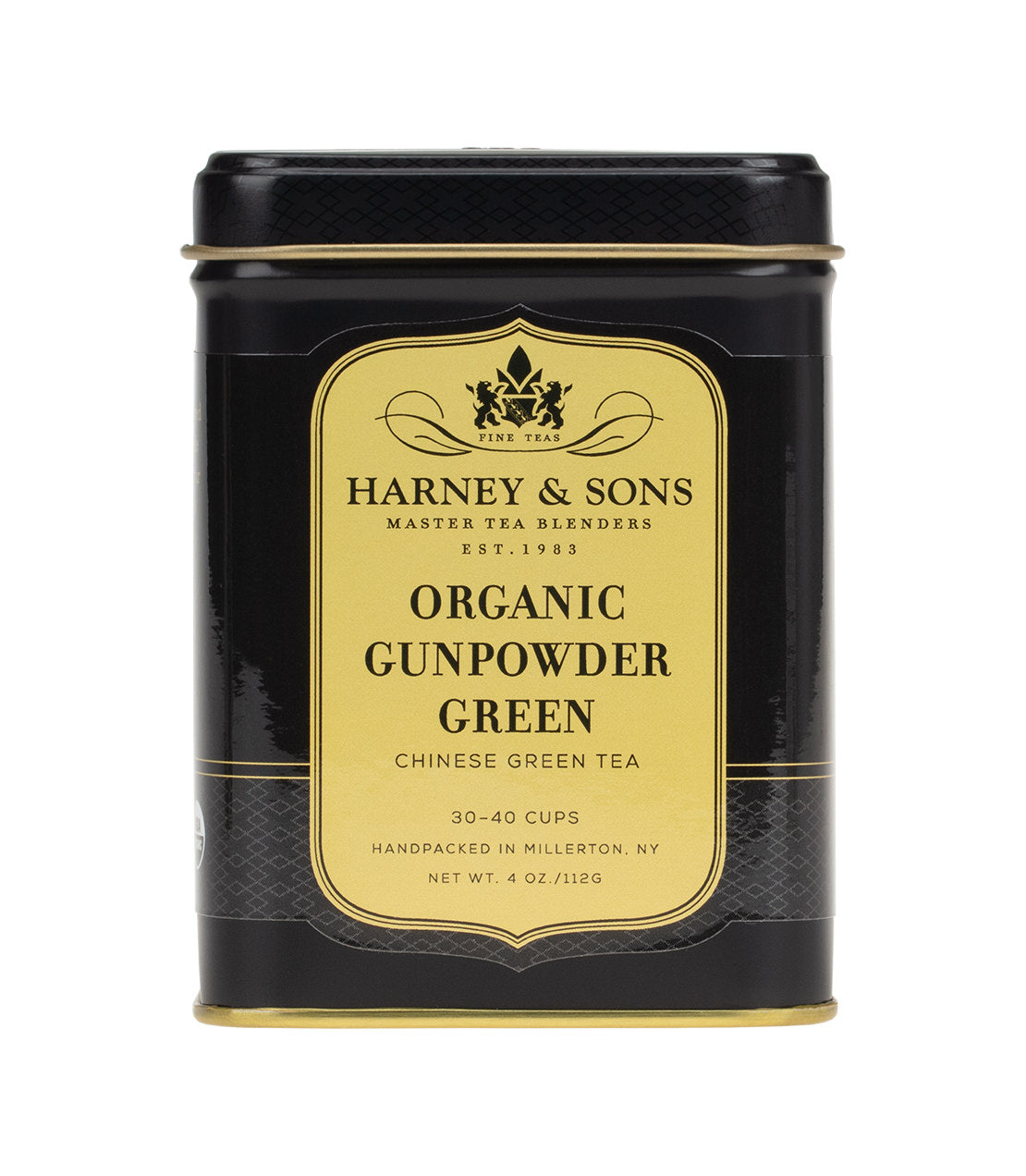 Black tin of Harney & Sons Organic Gunpowder Green Tea, labeled for 30-40 cups, handpacked in Millerton, NY.