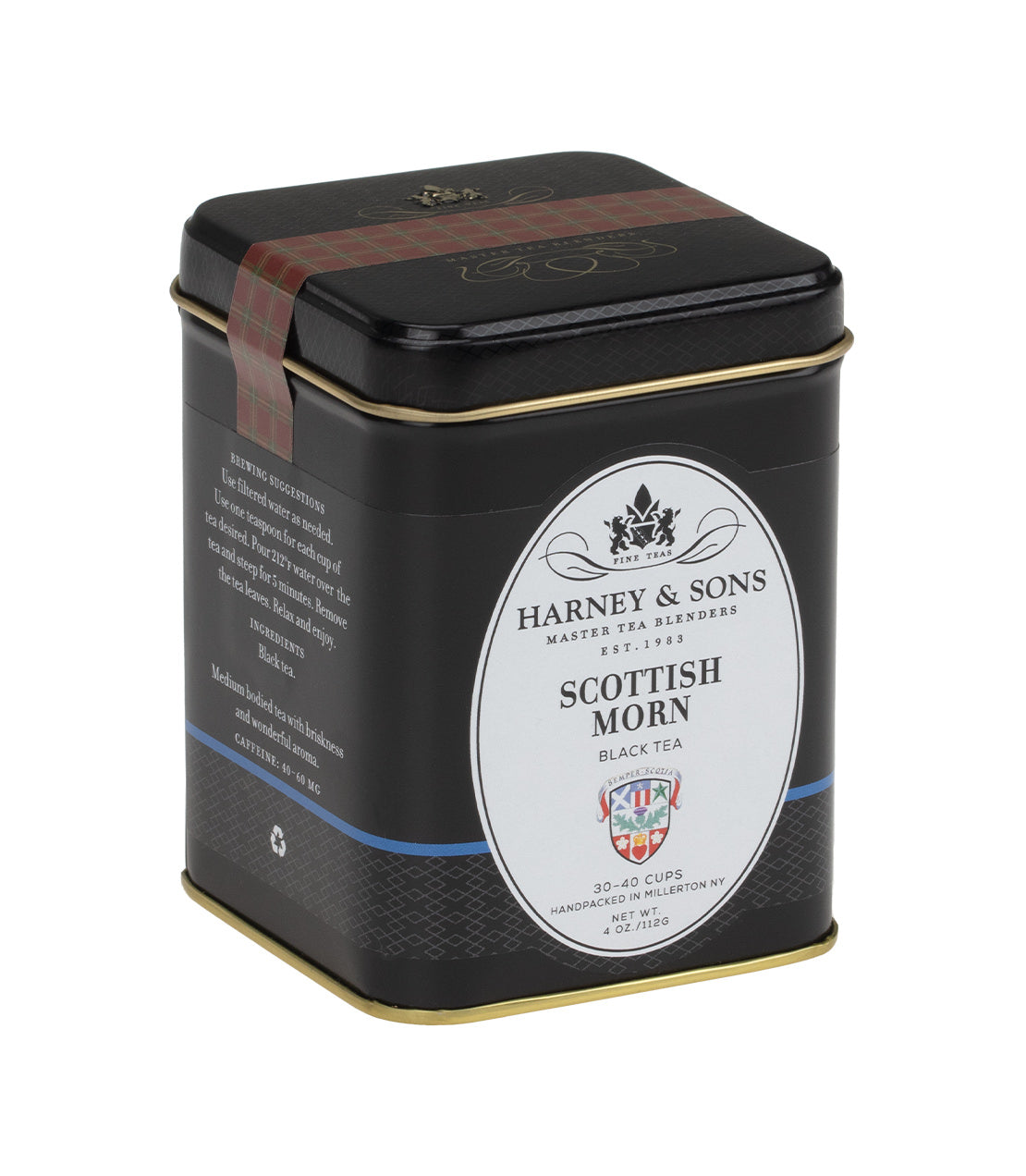 Black tea tin labeled "Scottish Morn" by Harney & Sons, featuring a decorative design and gold accents.