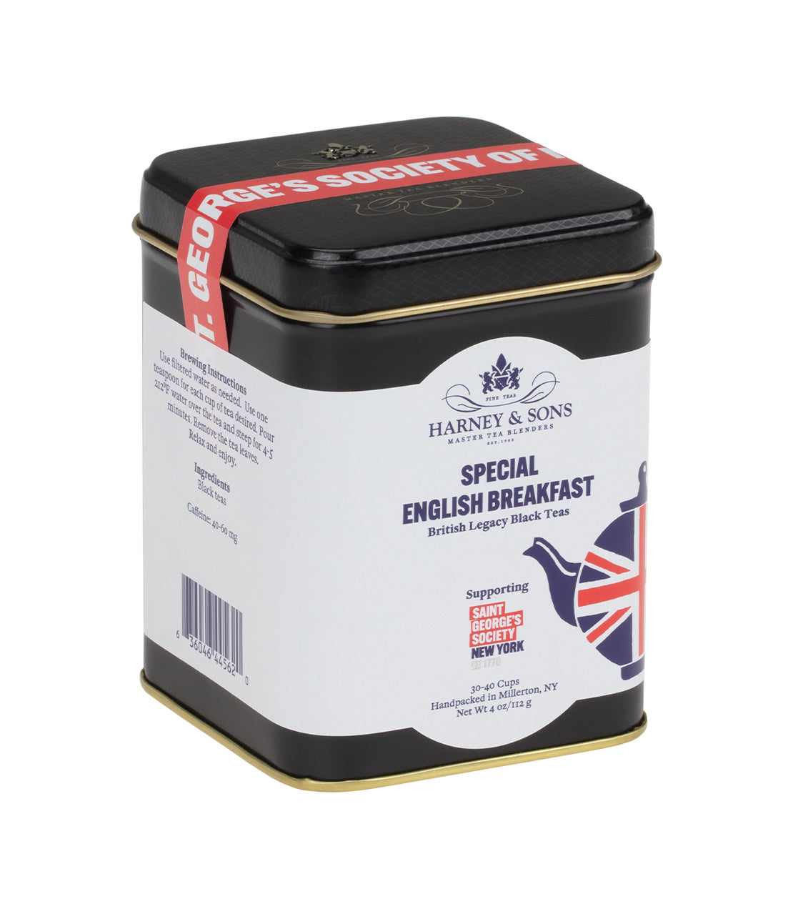 Tin of SGS Special English Breakfast black tea, featuring British flag design and supporting St. George's Society.