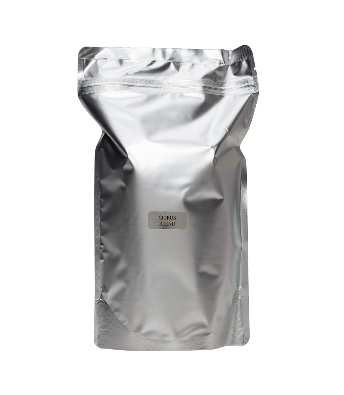 Silver foil pouch labeled "Citrus Blend," designed for packaging citrus-flavored products.