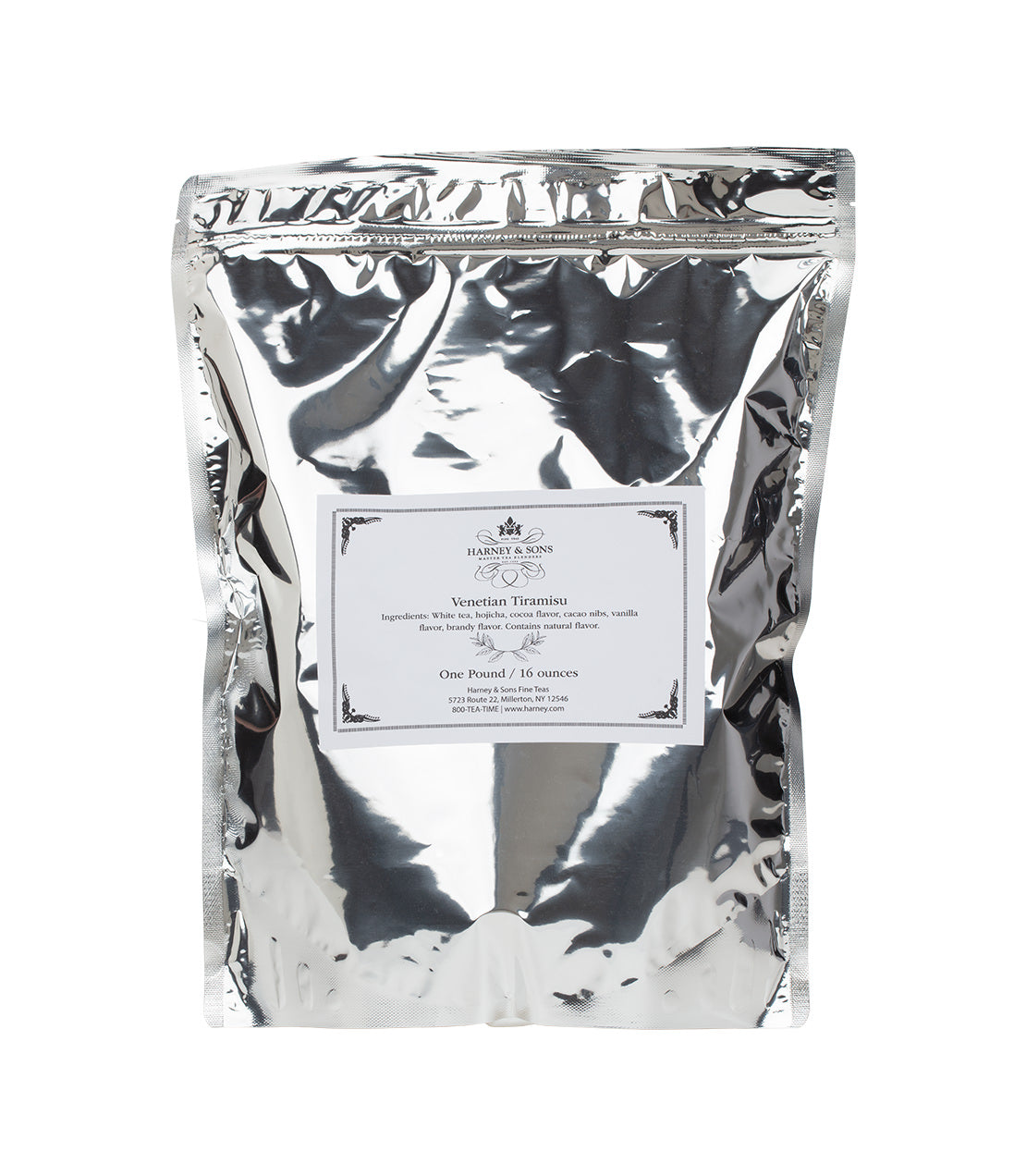 Silver pouch of Venetian Tiramisu mix, featuring a label with ingredients and weight information.