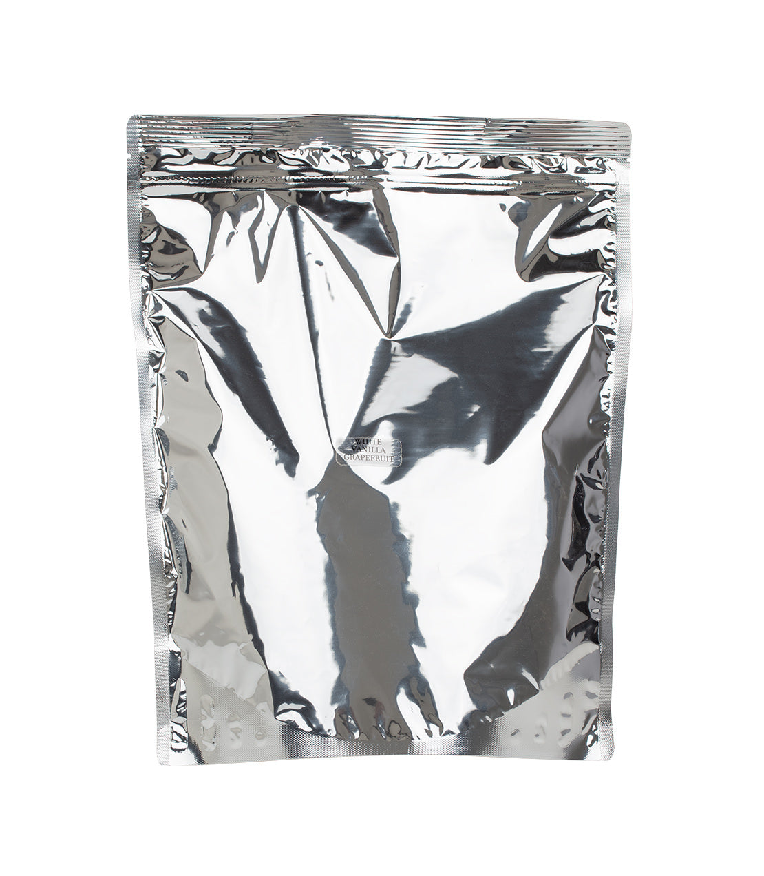 Silver foil pouch containing White Vanilla Grapefruit product, showcasing a sleek and modern packaging design.