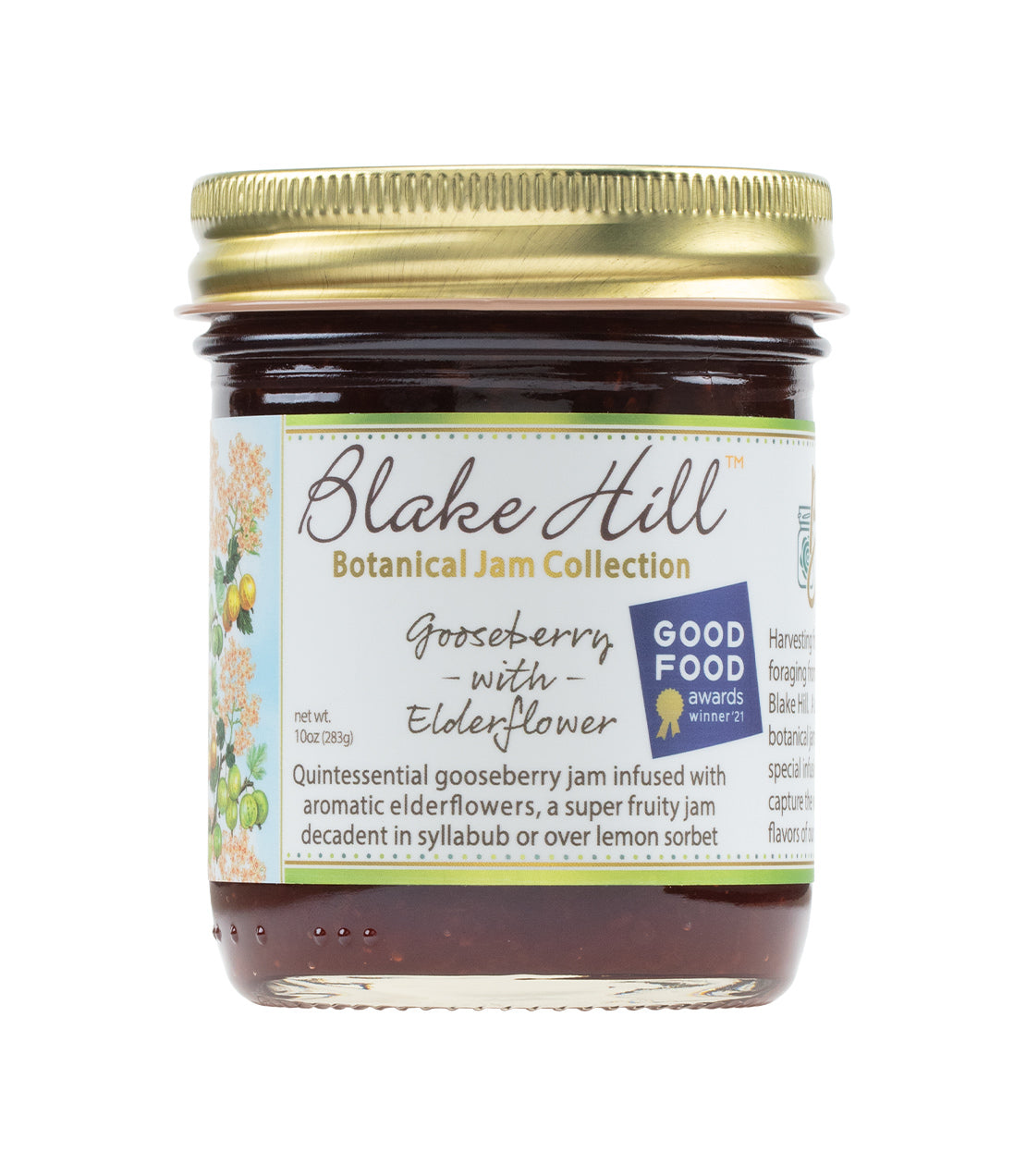 Blake Hill Gooseberry with Elderflower marmalade jar, showcasing a floral design and award label.